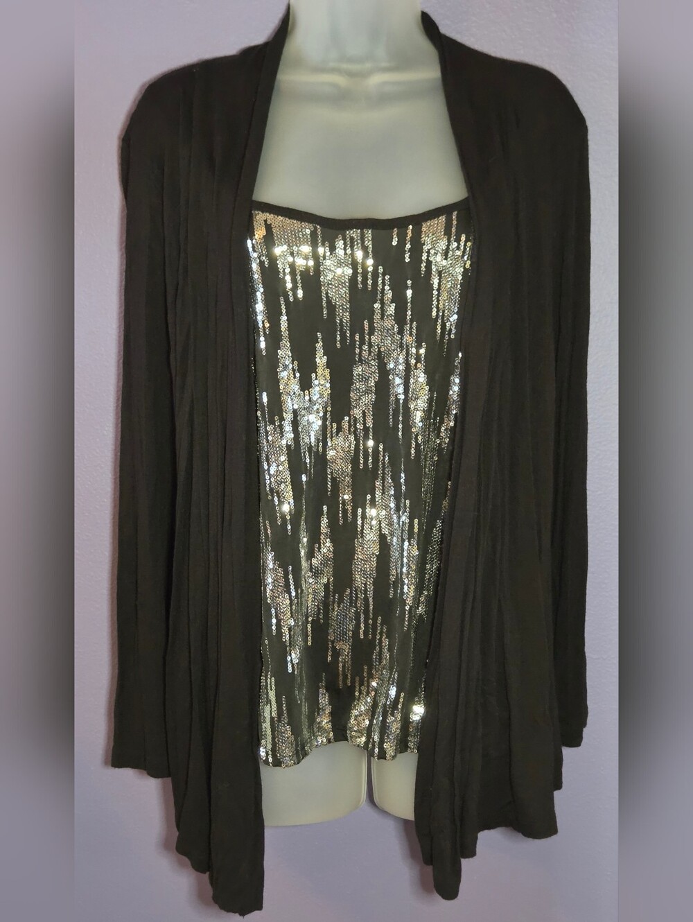 Black Cardigan With Silver Sequin Tank Attached